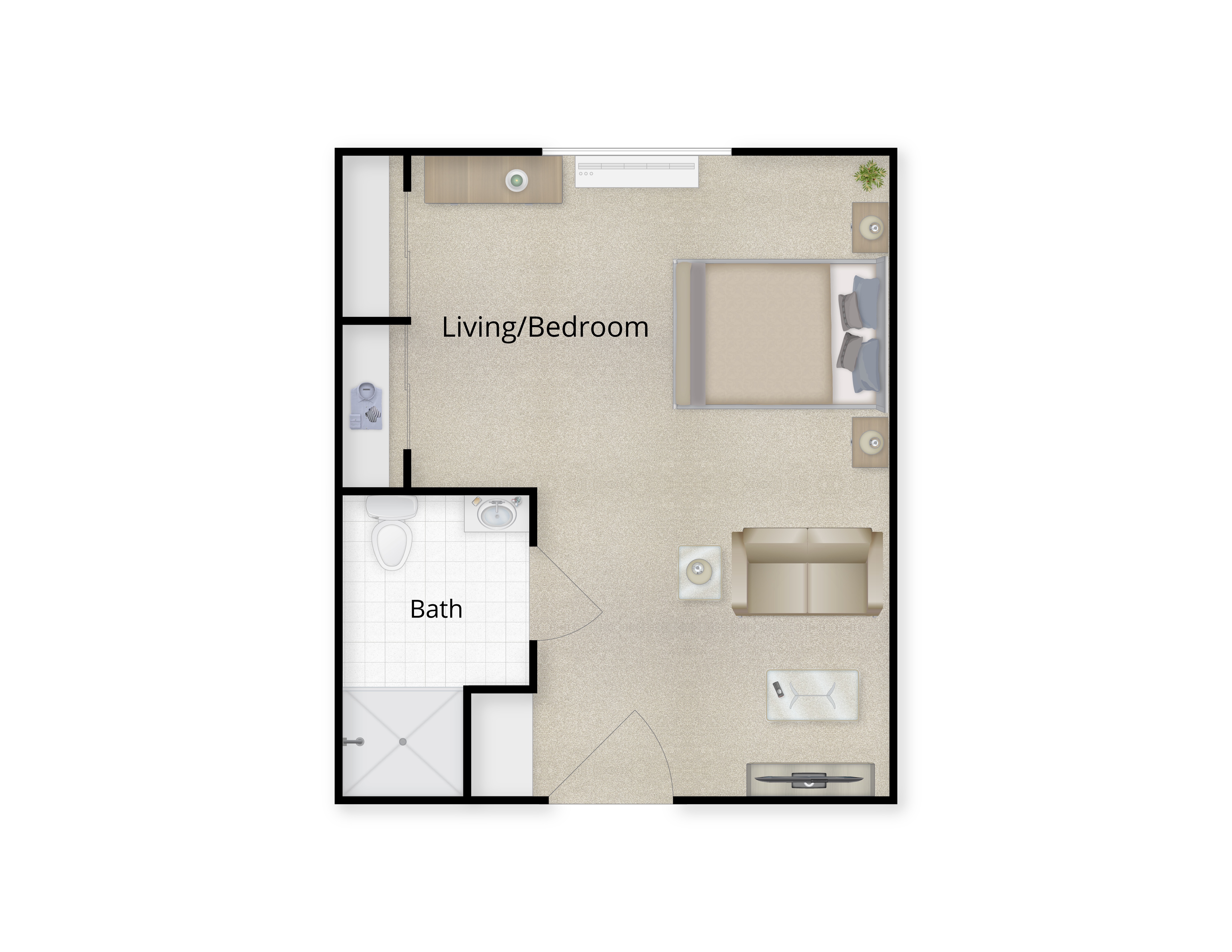Deluxe private studio floor plan showing the living space and private bathroom