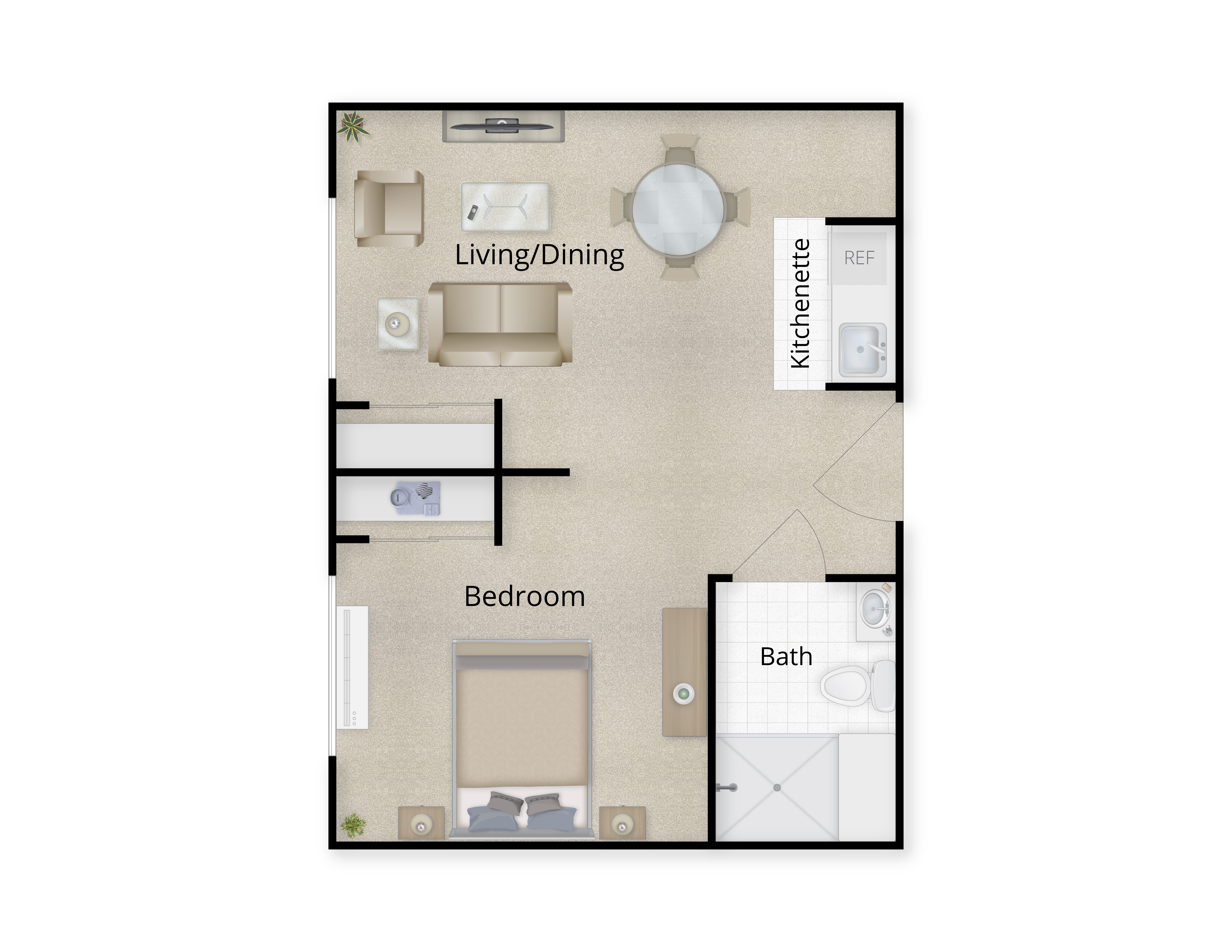 One bedroom floor plan showing the living space and private bathroom