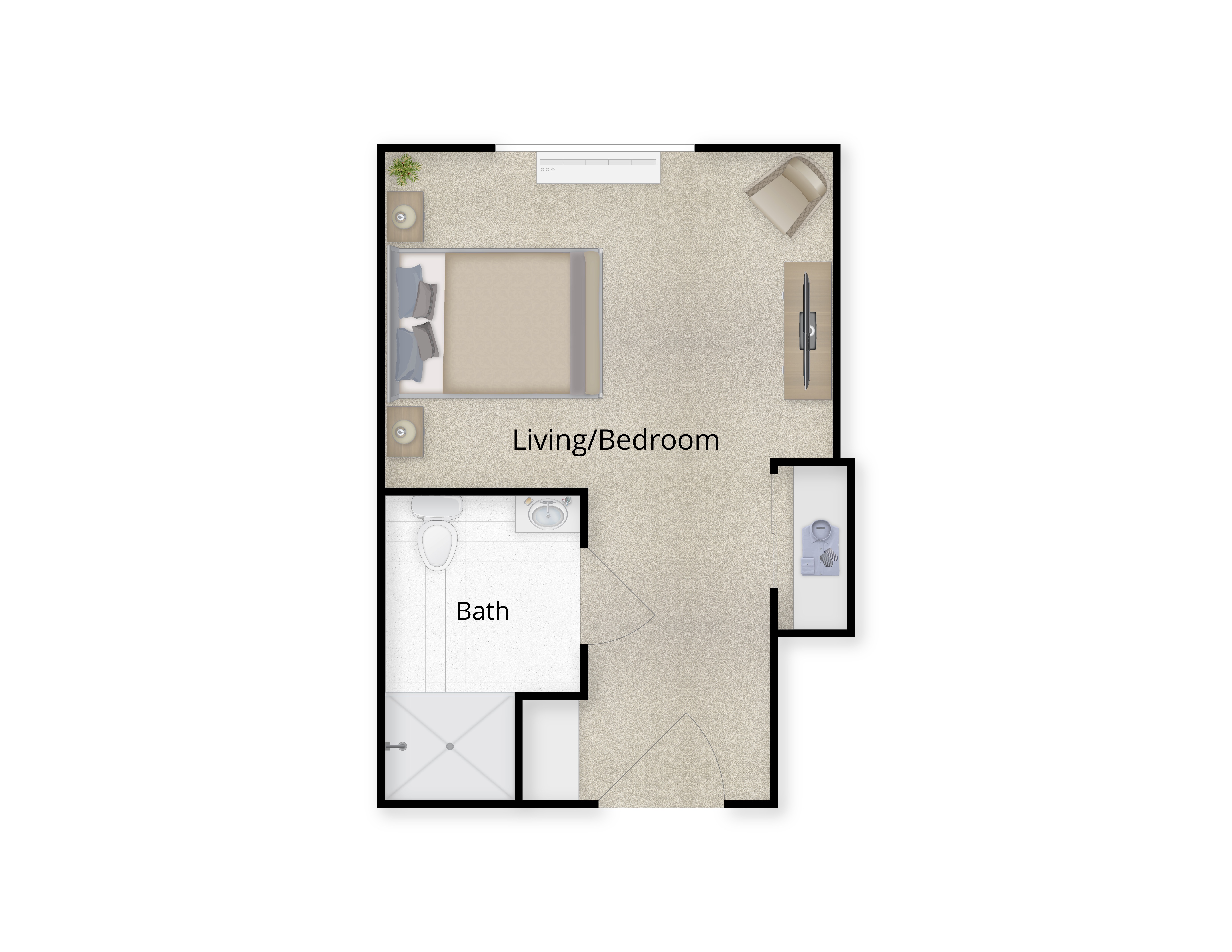 Private studio floor plan showing the living space and private bathroom
